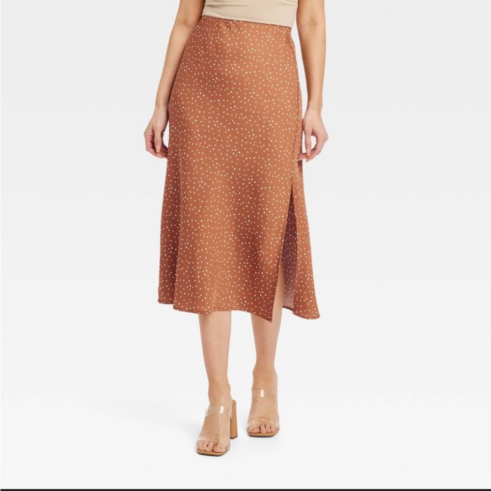 A New Day Midi A-Line Slip Skirt in Brown/Cream Polka Dot, Size M